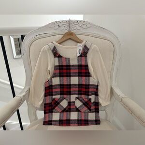 🦢 Baby 18~24 Mth Plaid Pinafore Dress & Pointelle Knit Top 2 Piece Set NWT